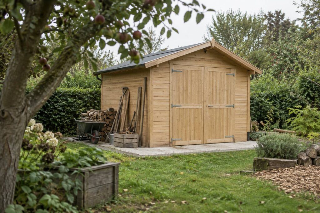 Abri de jardin en bois clair dans un jardin arbore normand