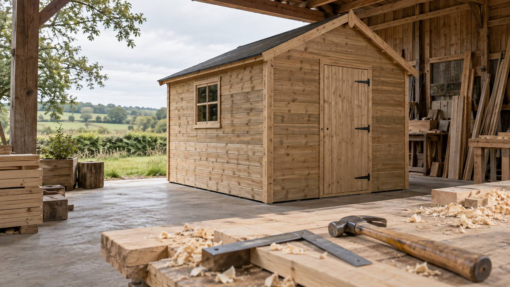 Abri de jardin en bois vu de biais avec dalle beton au premier plan