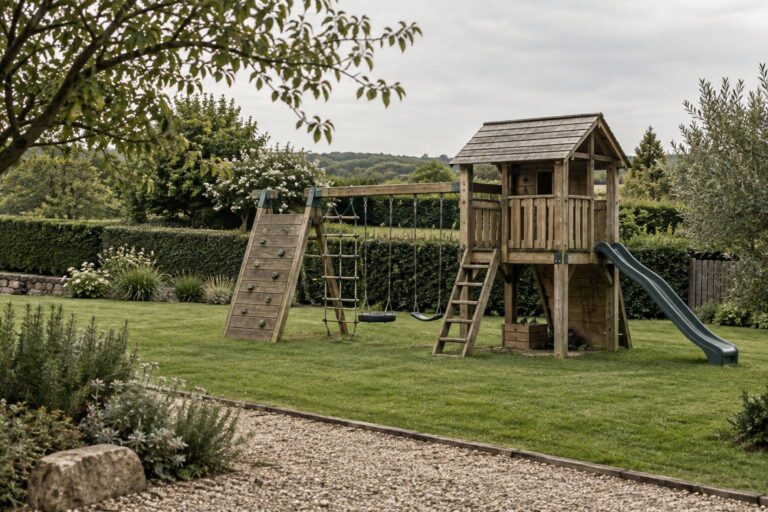 Cabane et portique en bois pour enfants : sécurité et ancrage