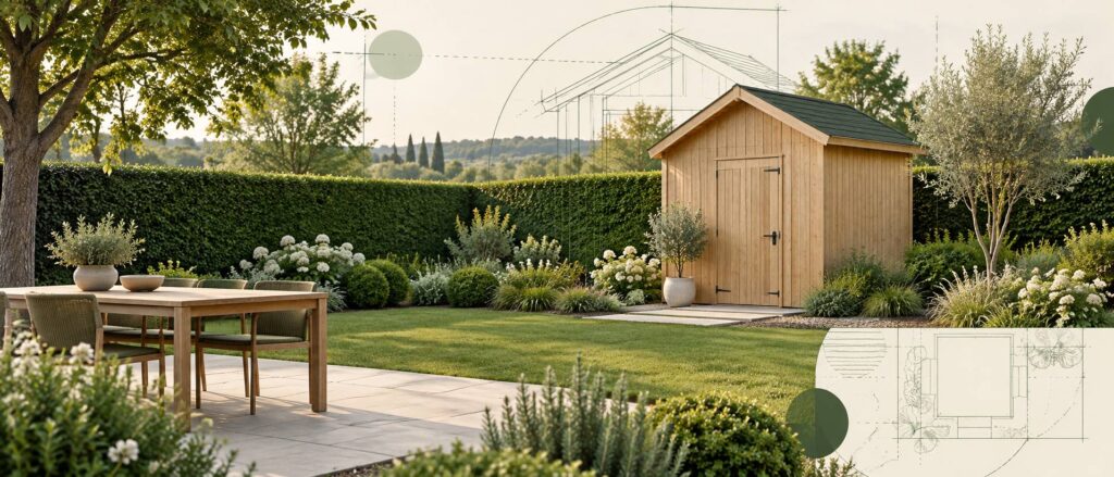 Abri de jardin en bois clair avec toiture à deux pentes dans un jardin