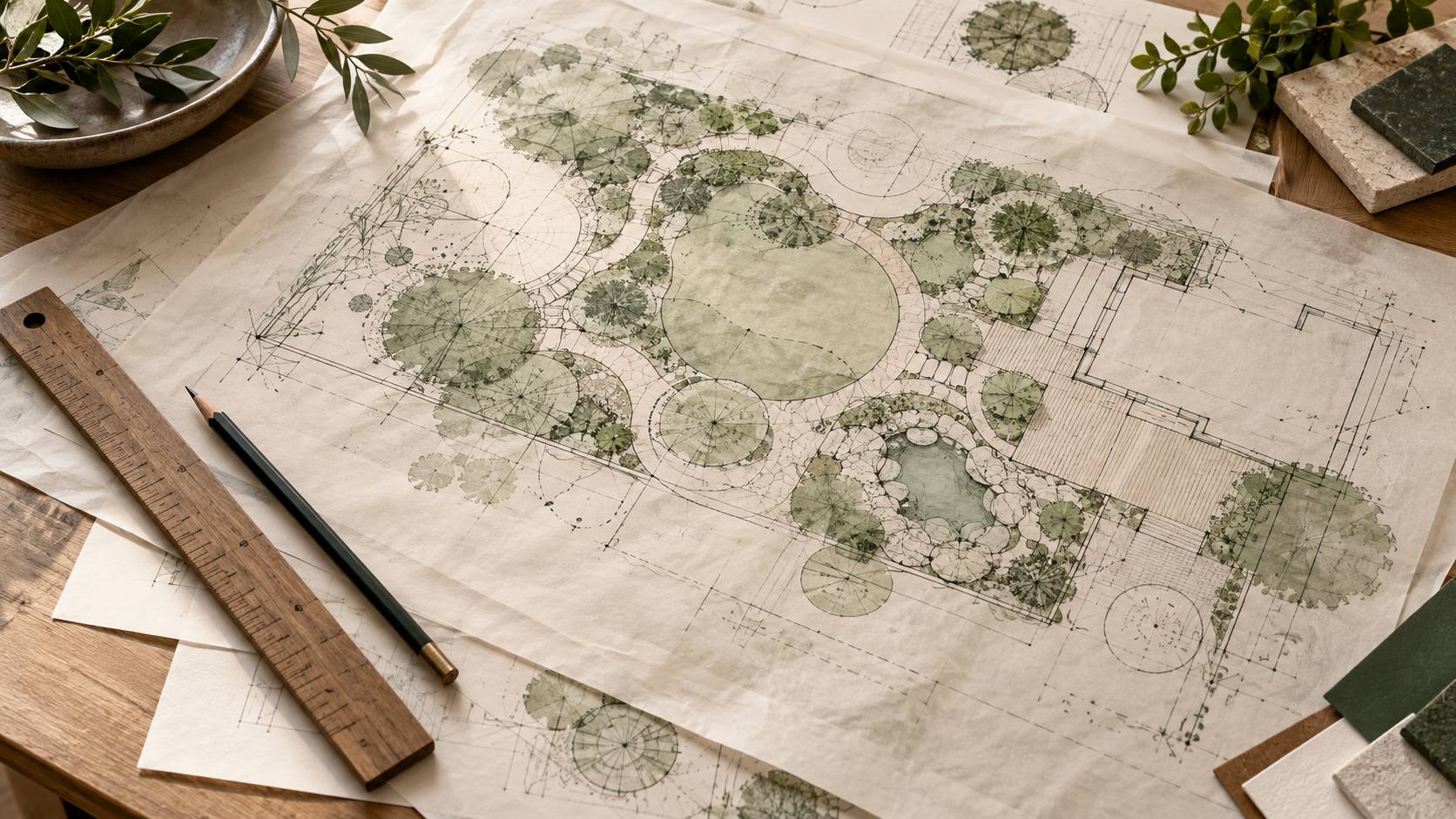 Plan de masse dessiné au trait illisible sur une table d'atelier