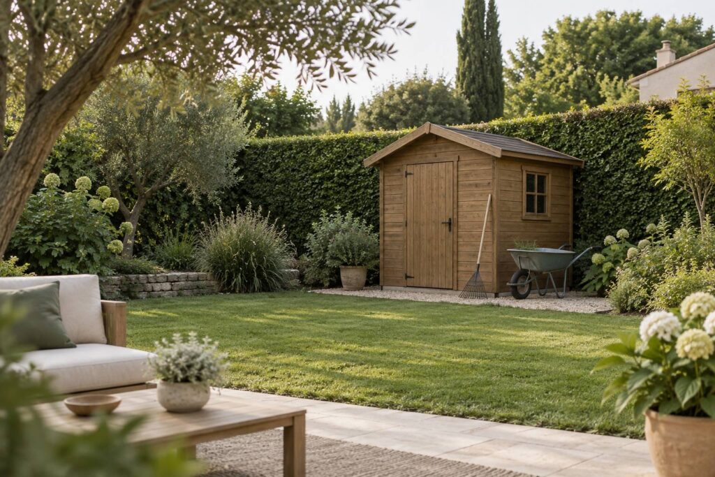Abri de jardin en bois sobre adosse a une haie dans un jardin de pavillon