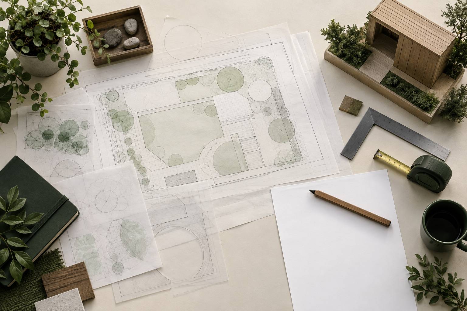 Plan de jardin avec calques, metre et maquette d'abri sur une table
