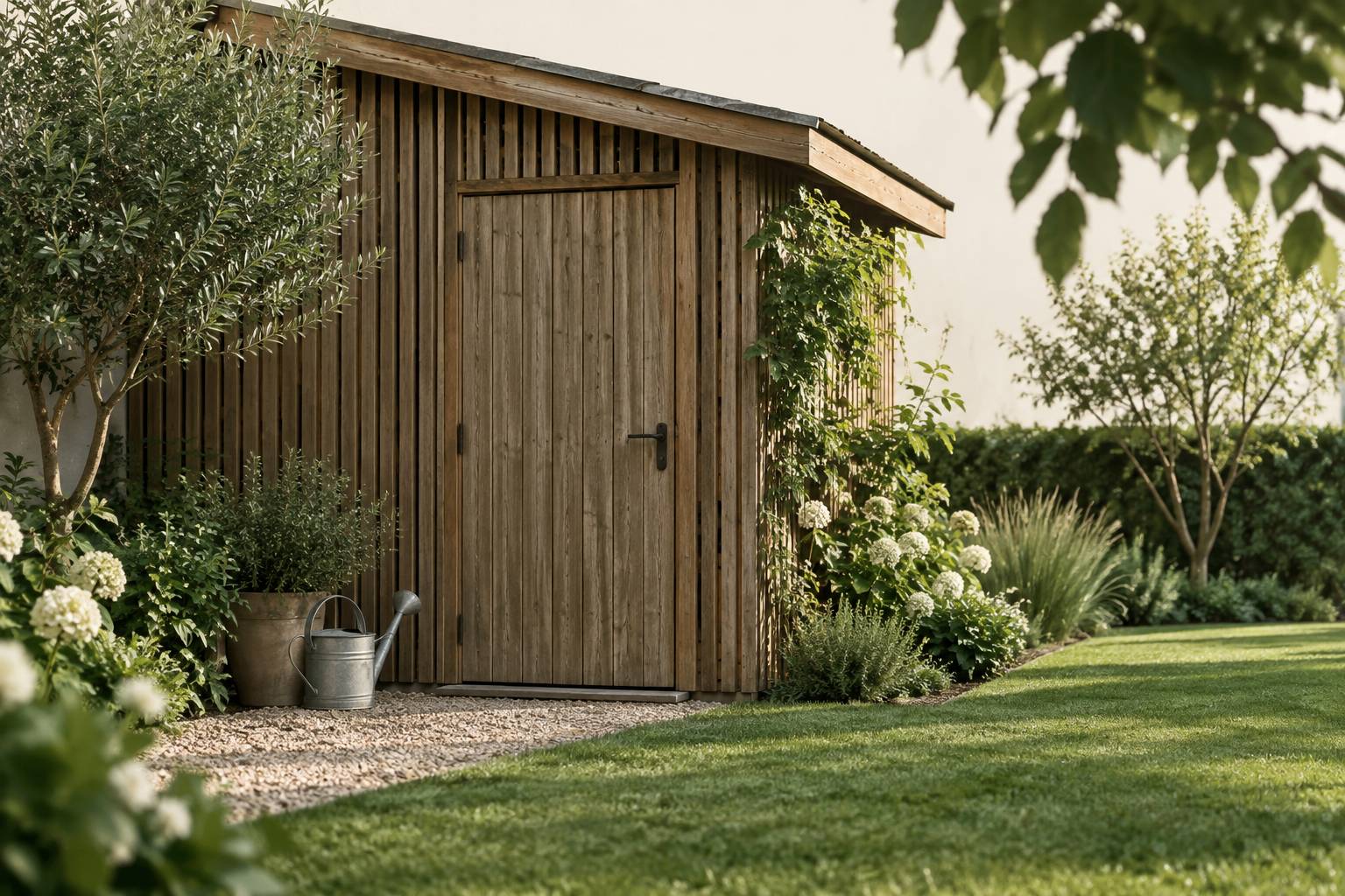 Abri de jardin en bois et arrosoir sur la pelouse